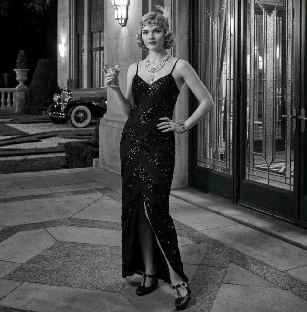 Vintage Y2K Black Silk Sequin Column Maxi Long Gown Evening Formal Slip Dress M - Picture 11 of 16